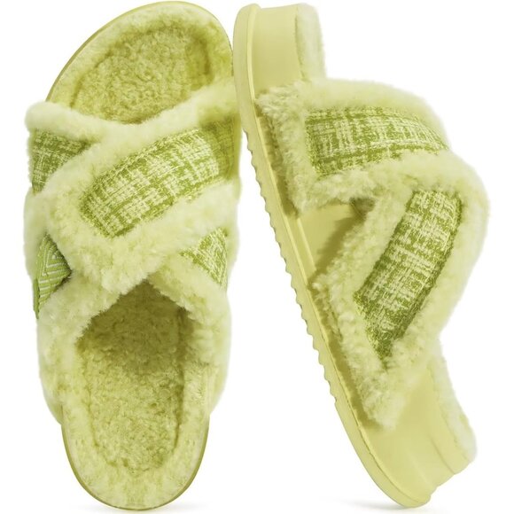 Women's Yellow Fuzzy Furry Faux Fur Cross Band Arch Open Slippers Slides Shoes - Picture 1 of 8